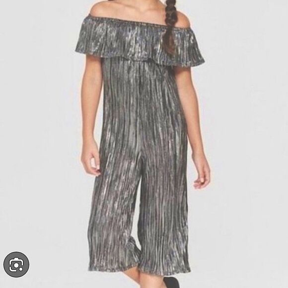 Art Class Shiny Silver stretchy Jumpsuit ruffle off Shoulder wide leg formal 7-8 - Picture 1 of 9
